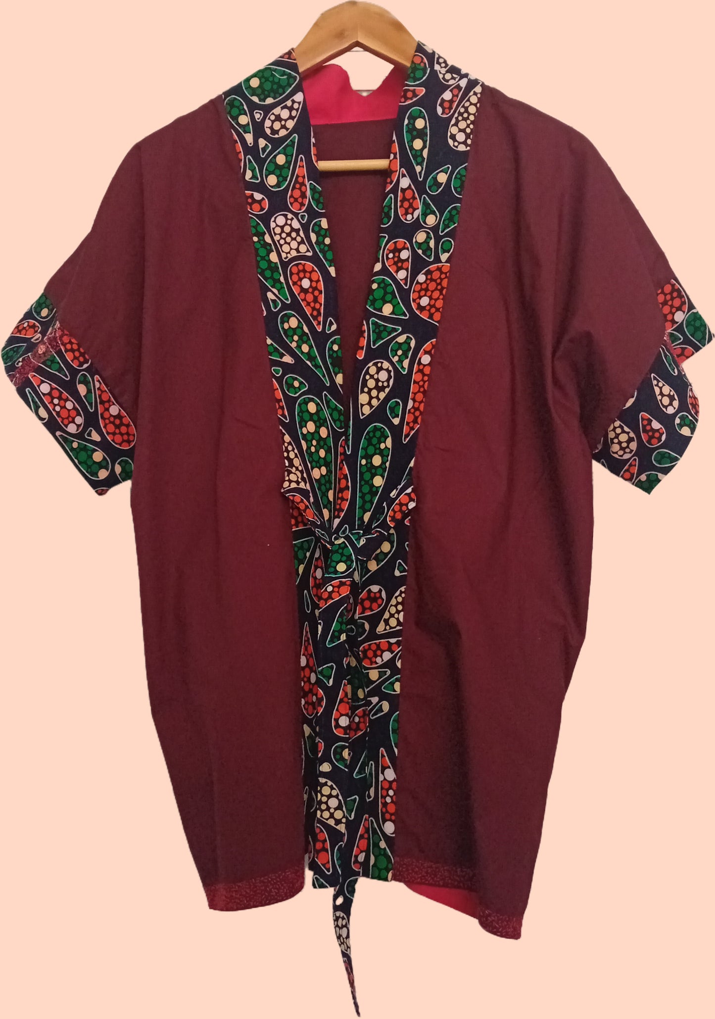 Hand Embroided Oneo Of a Kind Burgundy and African Printed Kimono