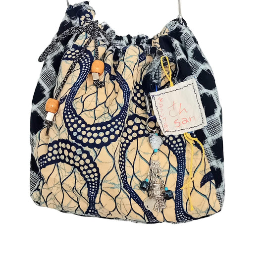 Handmade Indigo & Beige Rice Bag – Upcycled Kimono & African Cotton