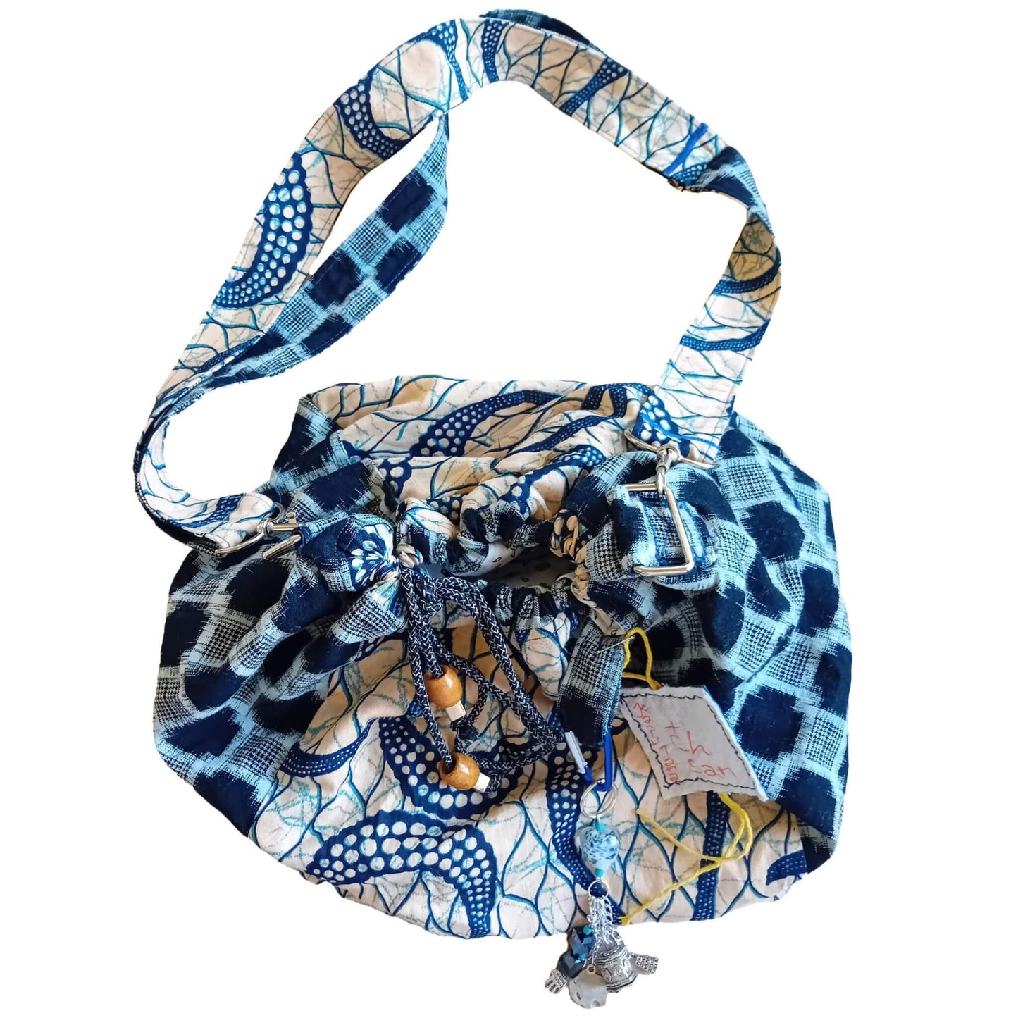 Handmade Indigo & Beige Rice Bag – Upcycled Kimono & African Cotton