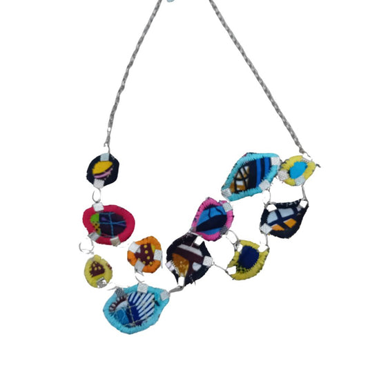 Reversible Handmade Necklace with African Fabric small circles & Silver Chain