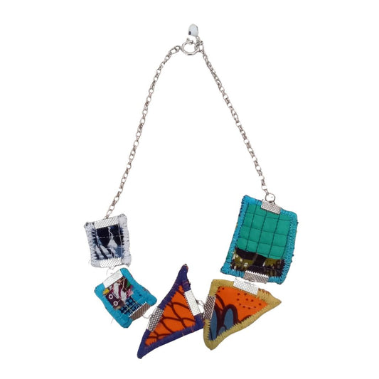 Reversible Handmade Necklace made with squares and triangles of African Fabric & Silver Chain