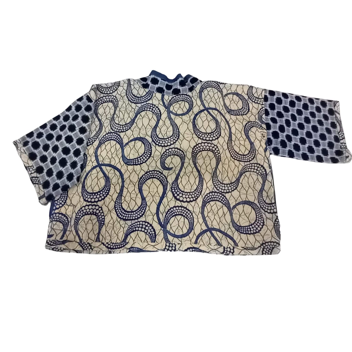 Beige and Blue African Print Kimono with Indigo Cotton Details