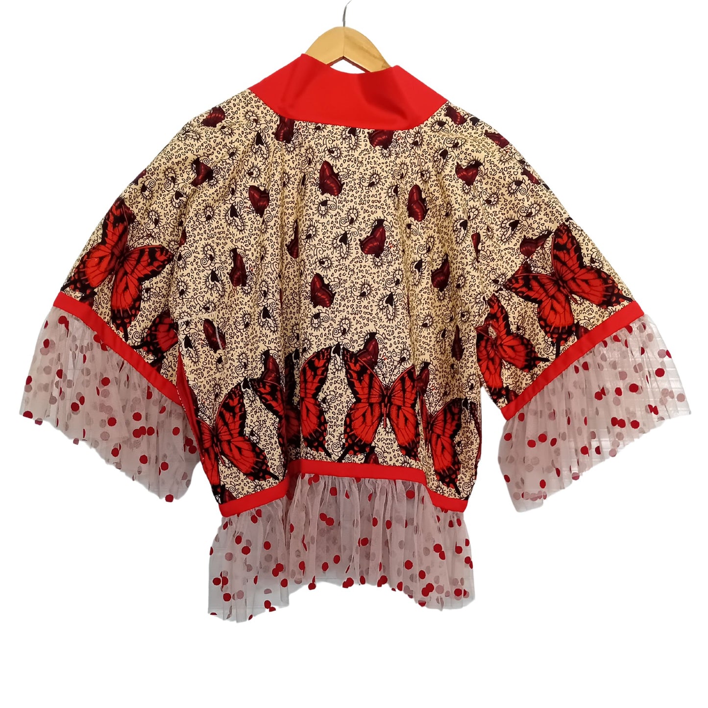 Handcrafted Beige Kimono with African Butterfly Print & Red Polka Dot Tulle
