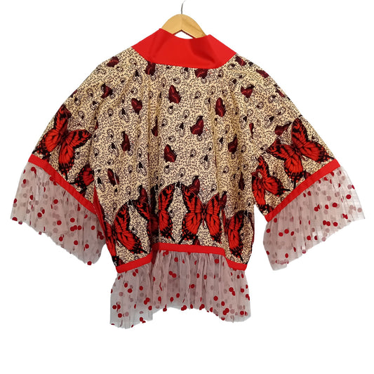 Handcrafted Beige Kimono with African Butterfly Print & Red Polka Dot Tulle