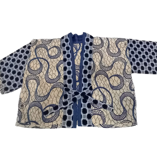 Beige and Blue African Print Kimono with Indigo Cotton Details