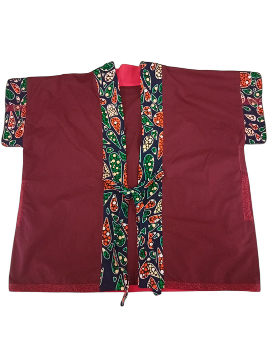 Hand Embroided Oneo Of a Kind Burgundy and African Printed Kimono