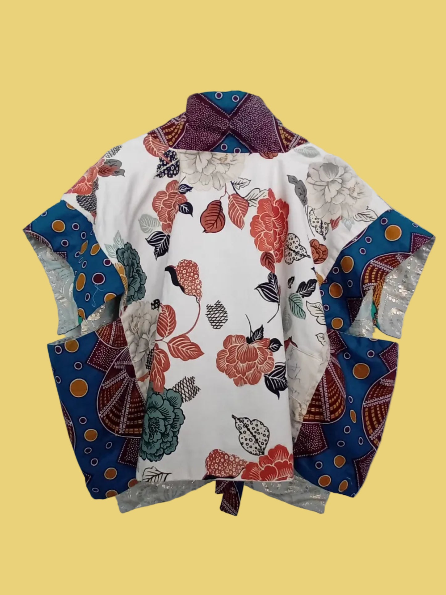Reversible kimono vest made with upcycled materials