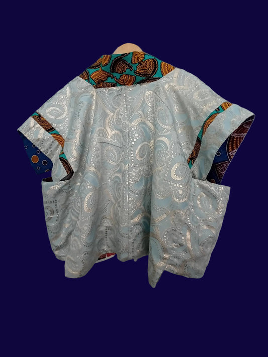 Reversible kimono vest made with upcycled materials