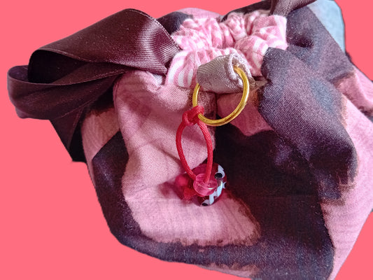 Smal pink and brown Africanprinted rice bag - komebukuro