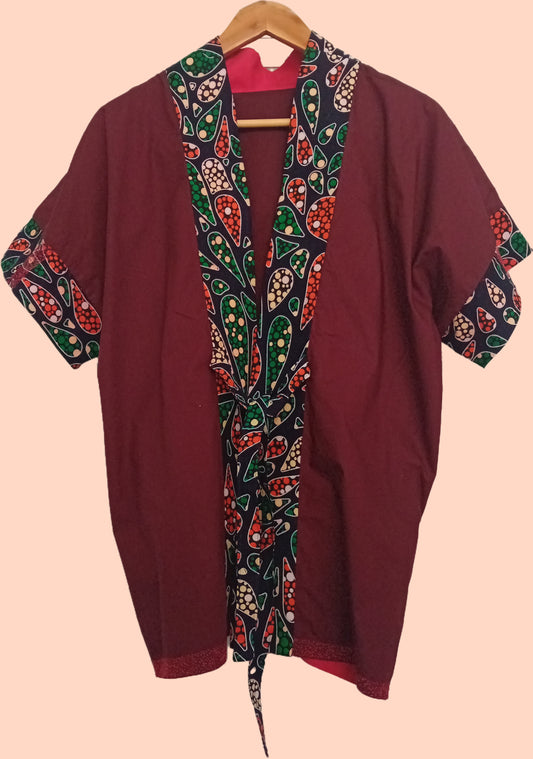 Hand Embroided Oneo Of a Kind Burgundy and African Printed Kimono