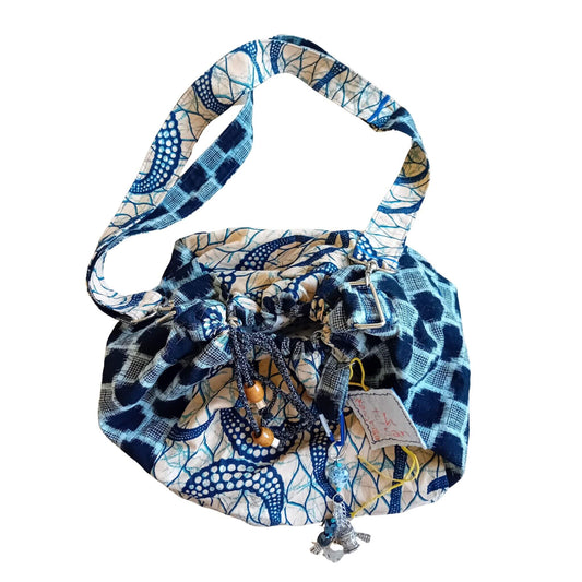 Handmade Indigo & Beige Rice Bag – Upcycled Kimono & African Cotton