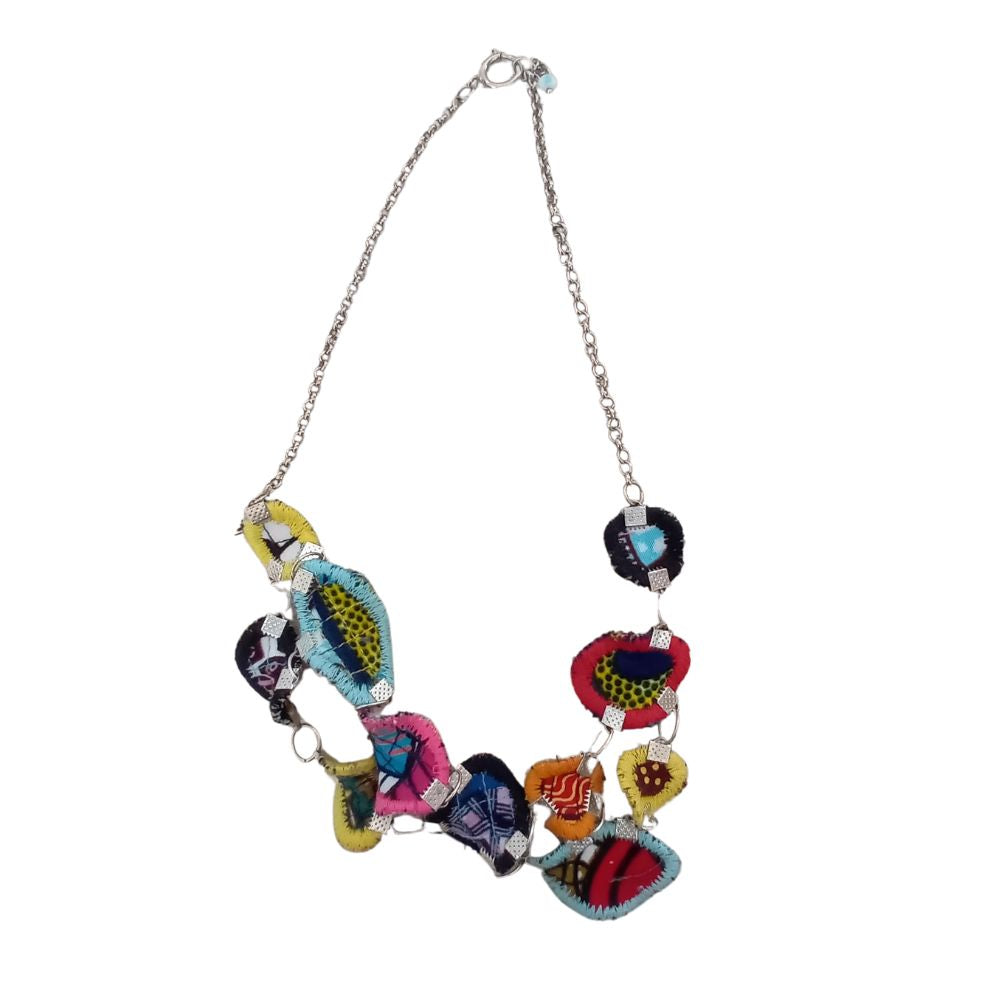 Reversible Handmade Necklace with African Fabric small  circles & Silver Chain