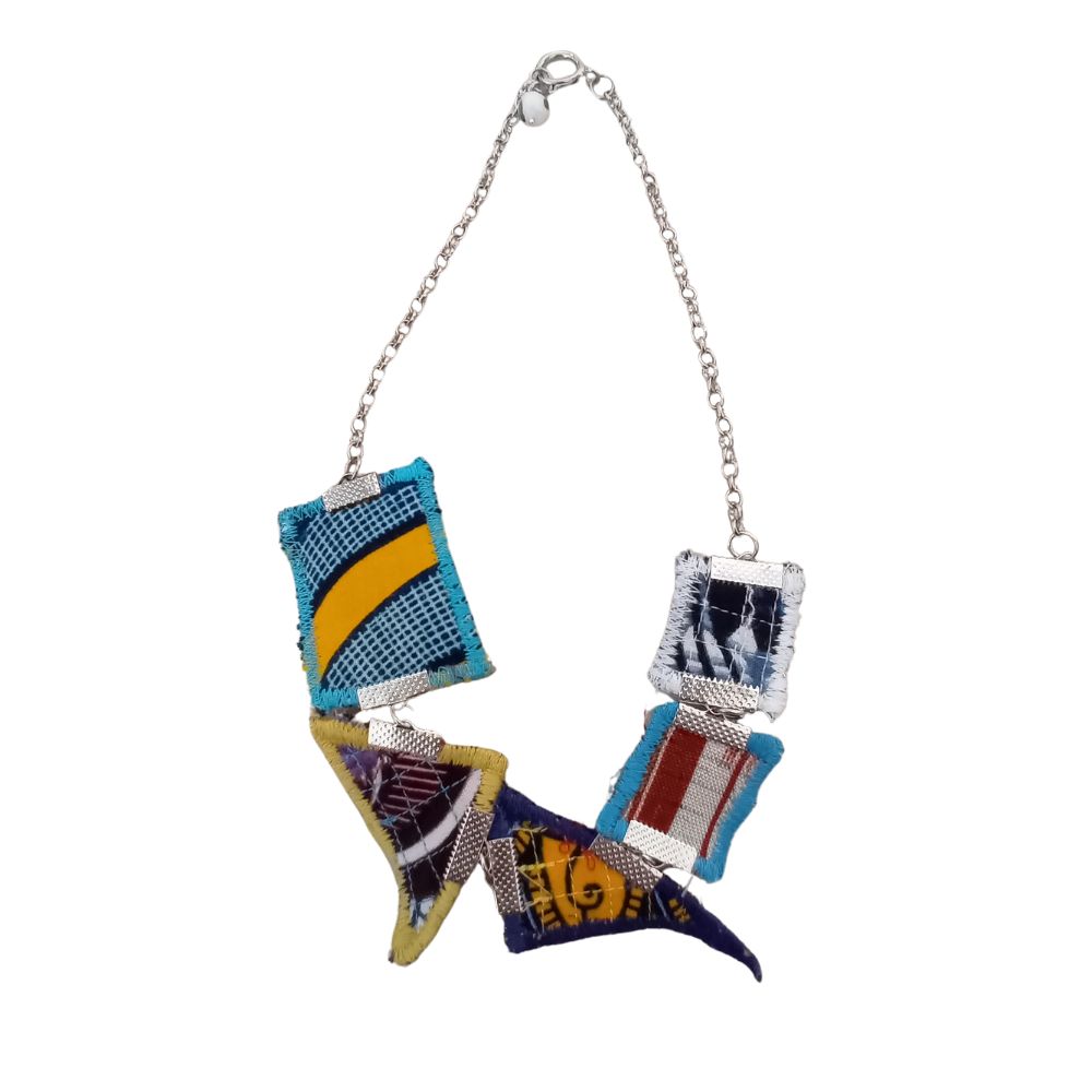 Reversible Handmade Necklace made with squares and triangles of African Fabric & Silver Chain