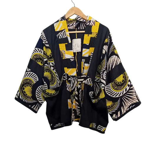 Handmade Zero-Waste Kimono – Bold African Print with Boro-Inspired Collar
