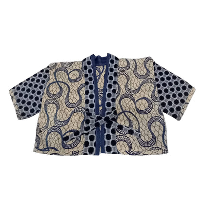 Beige and Blue African Print Kimono with Indigo Cotton Details