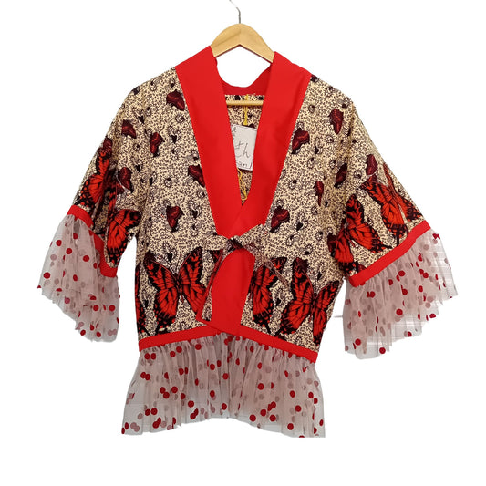 Handcrafted Beige Kimono with African Butterfly Print & Red Polka Dot Tulle