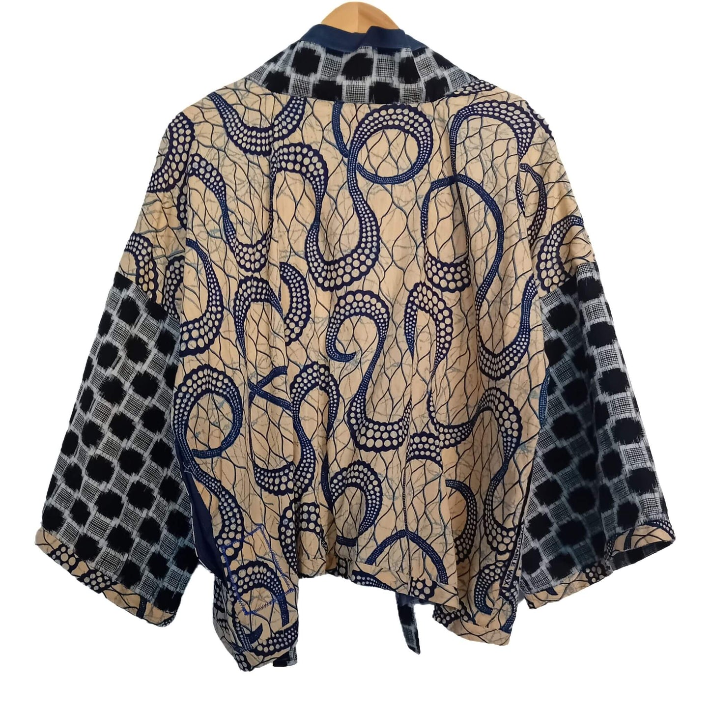 Beige and Blue African Print Kimono with Indigo Cotton Details