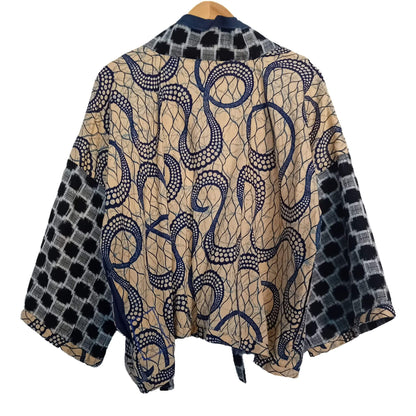 Beige and Blue African Print Kimono with Indigo Cotton Details