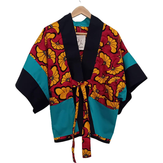 Red African Print Kimono with Yellow Flowers  and Black & Blue Details