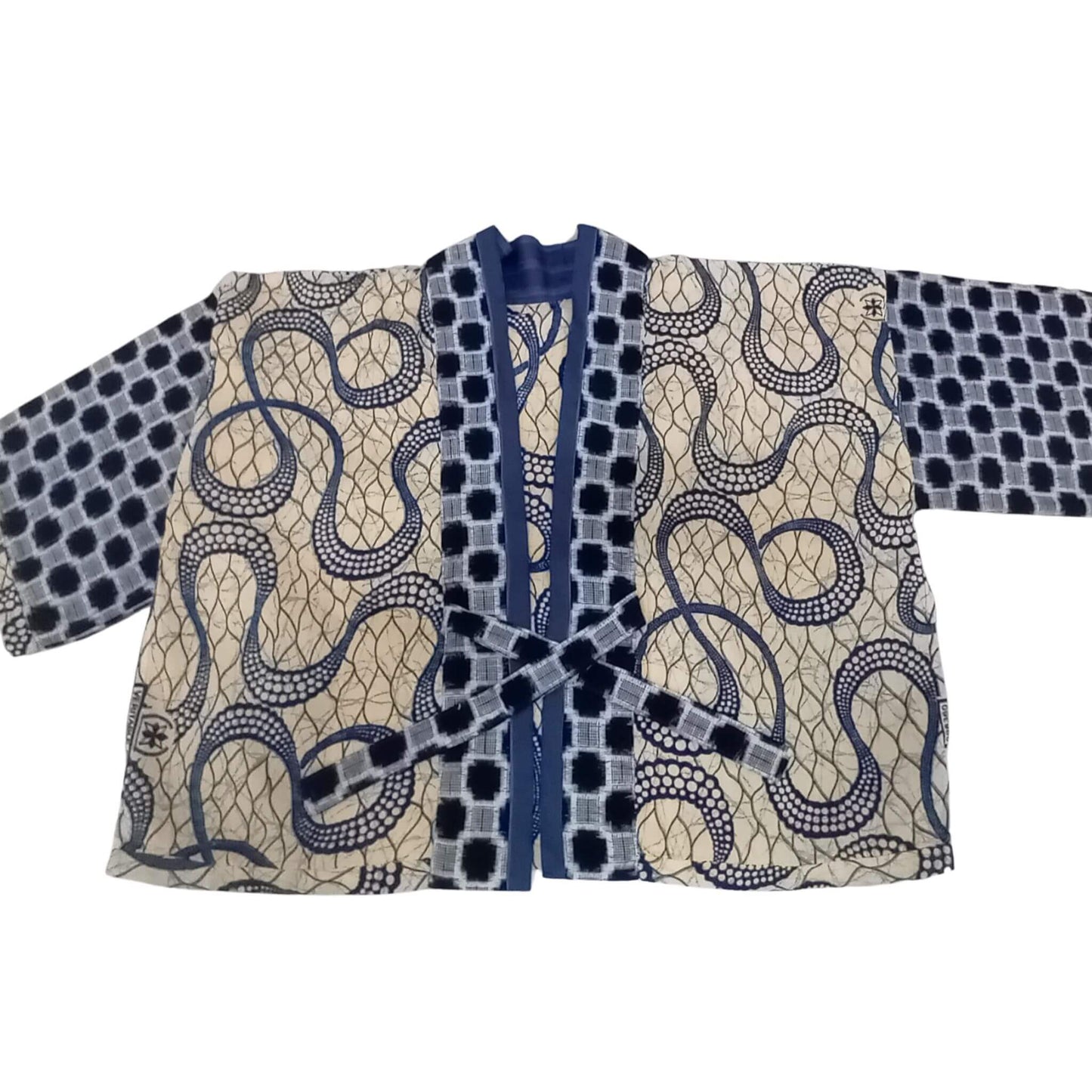 Beige and Blue African Print Kimono with Indigo Cotton Details