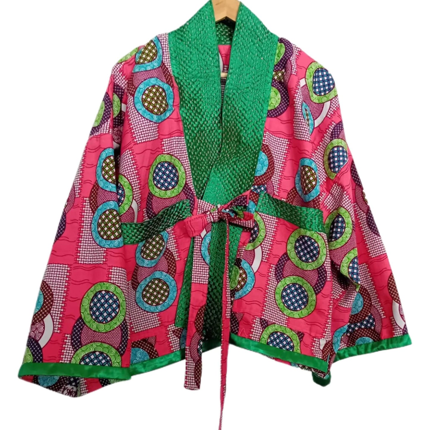 Pink & Green Kimono with Handcrafted Sashiko