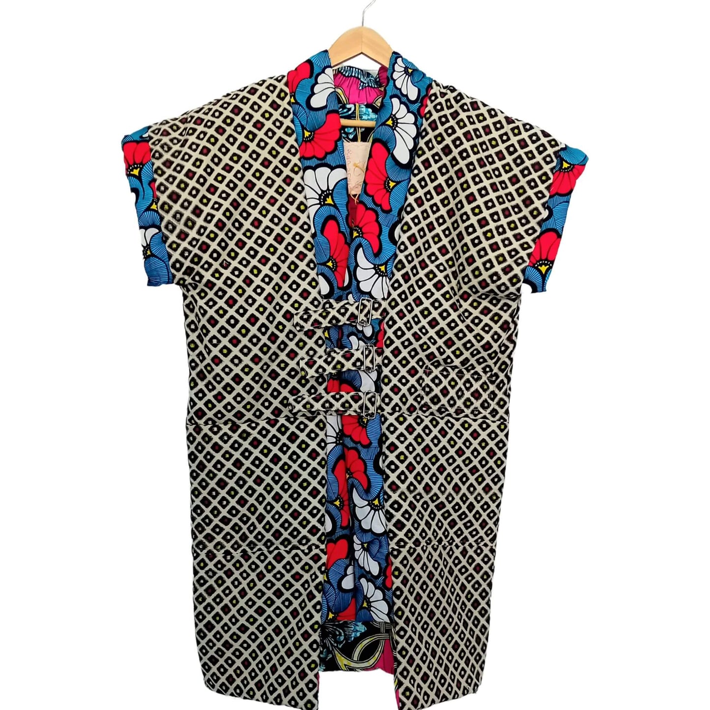 Reversible kimono vest with African fabric and vintage Japanese silk