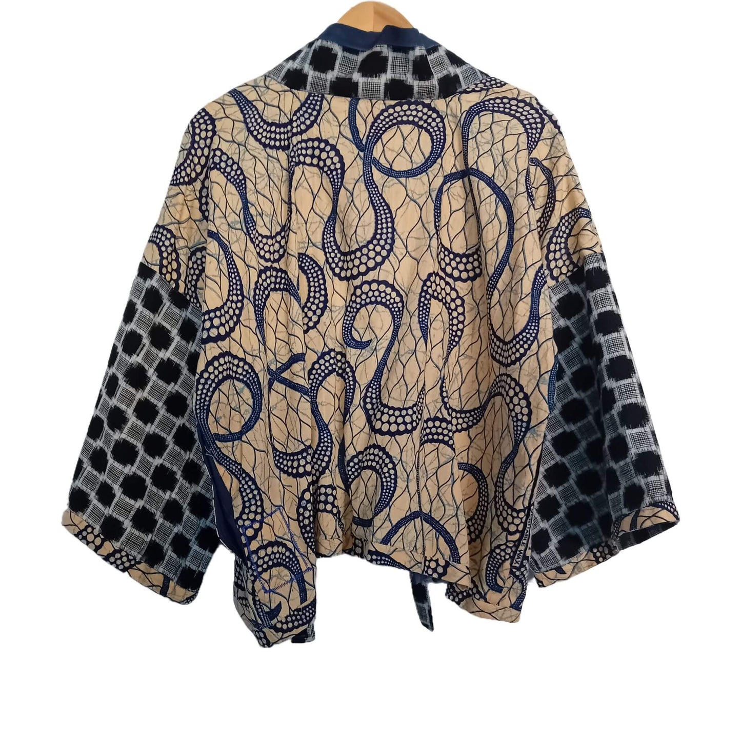 Beige and Blue African Print Kimono with Indigo Cotton Details