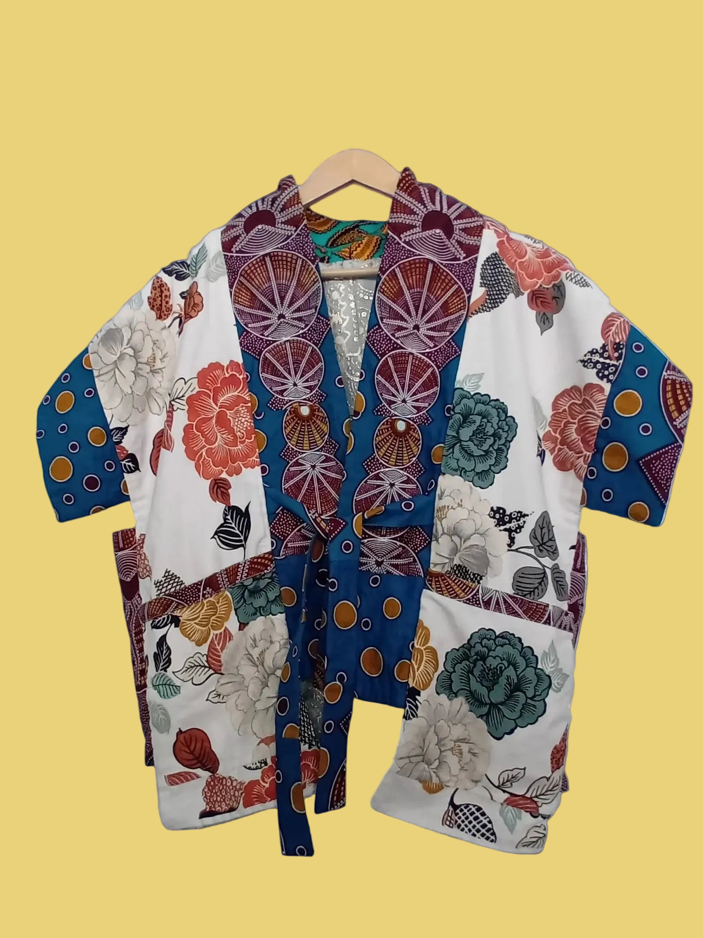 Reversible kimono vest made with upcycled materials