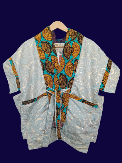 Reversible kimono vest made with upcycled materials