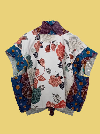 Reversible kimono vest made with upcycled materials